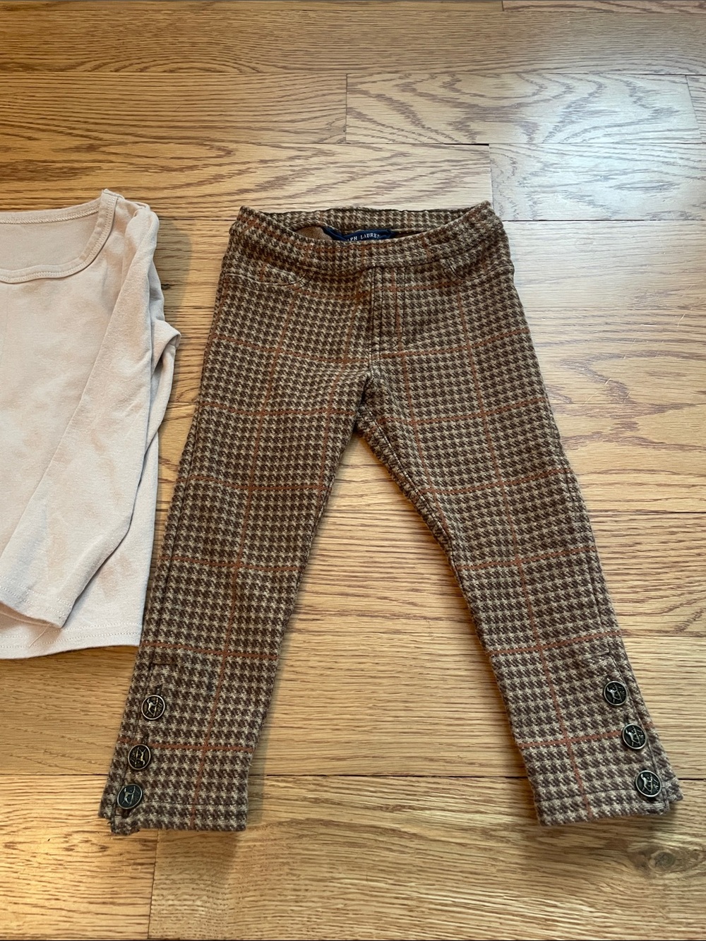 Ralph Lauren Brown Houndstooth Kids Leggings with Button Hem & tan shirt